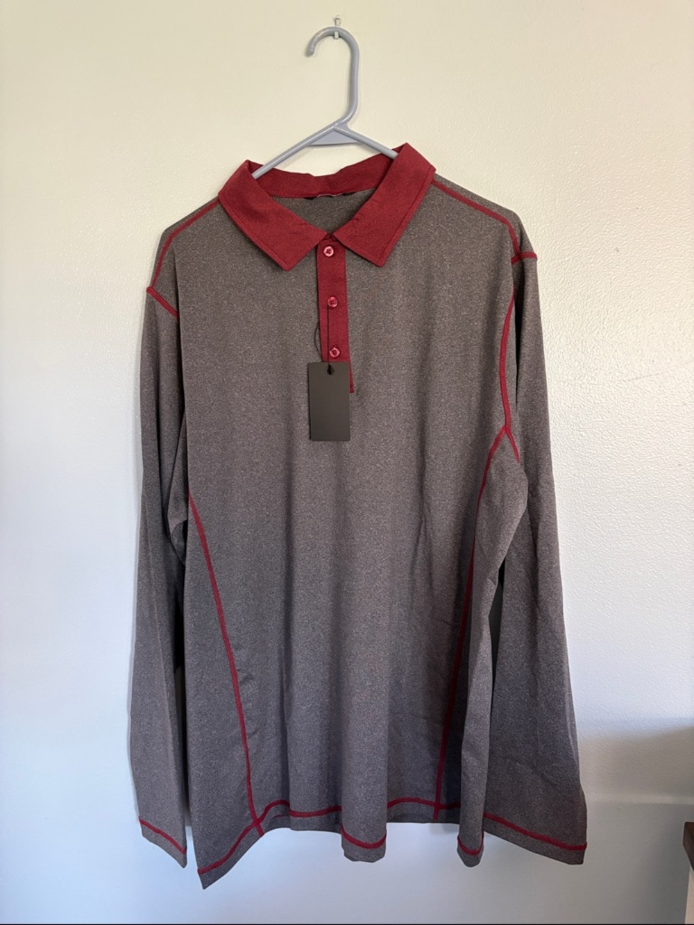 Long-Sleeve Polo with Red Trim in Gray
